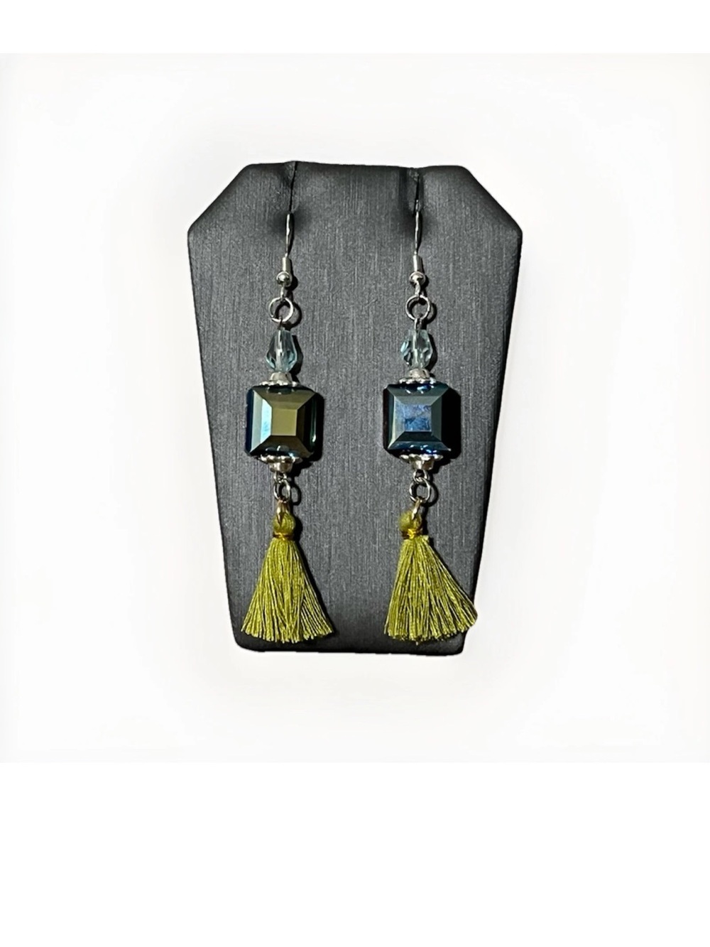 Handcrafted Iridescent Crystal Cube Dangle Earrings Olive Green Tassel Boho